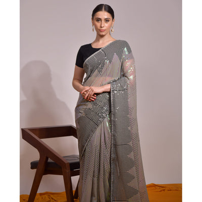 Grey Sequins Embroidered Georgette Saree