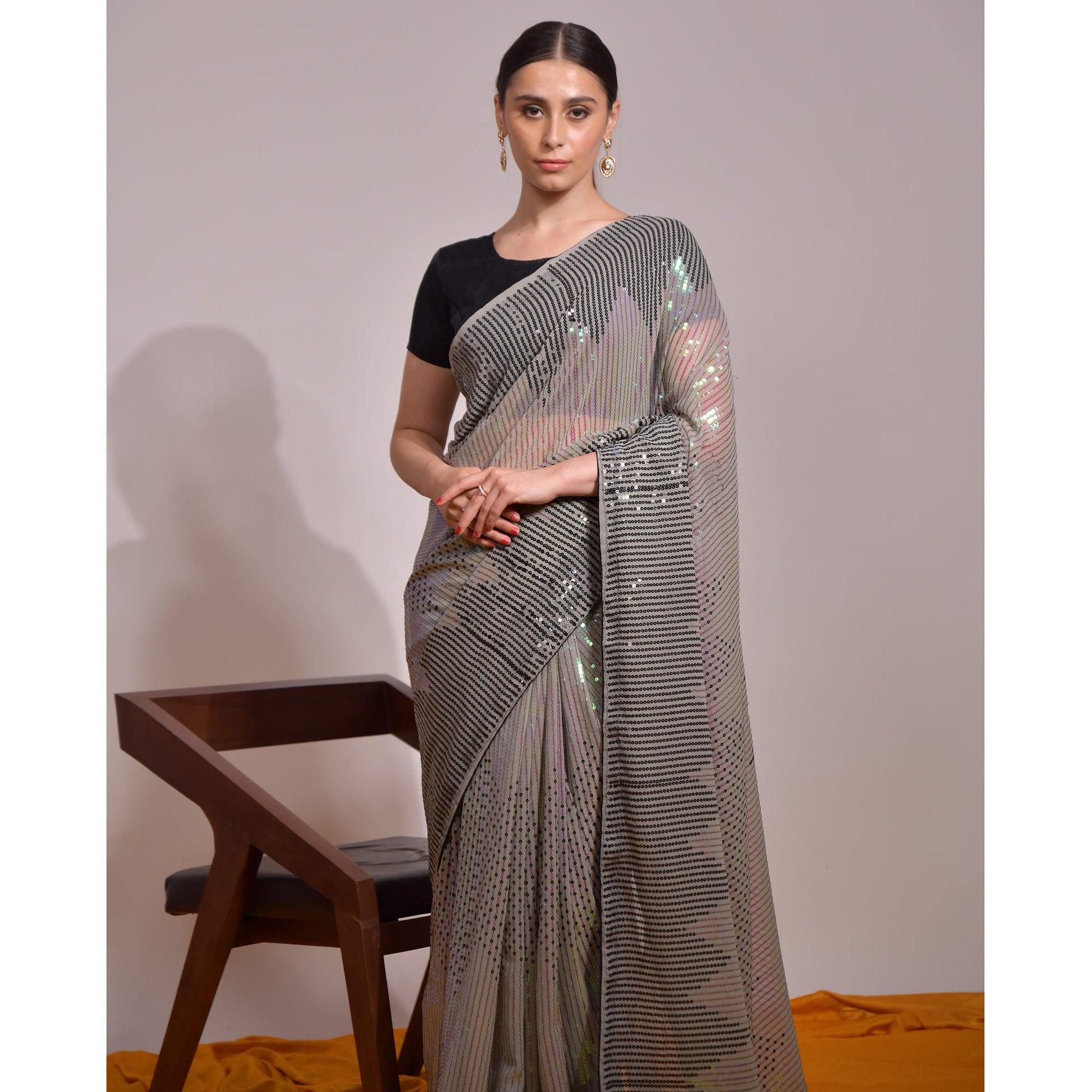 Grey Sequins Embroidered Georgette Saree