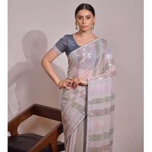 Grey Sequins Embroidered Georgette Saree