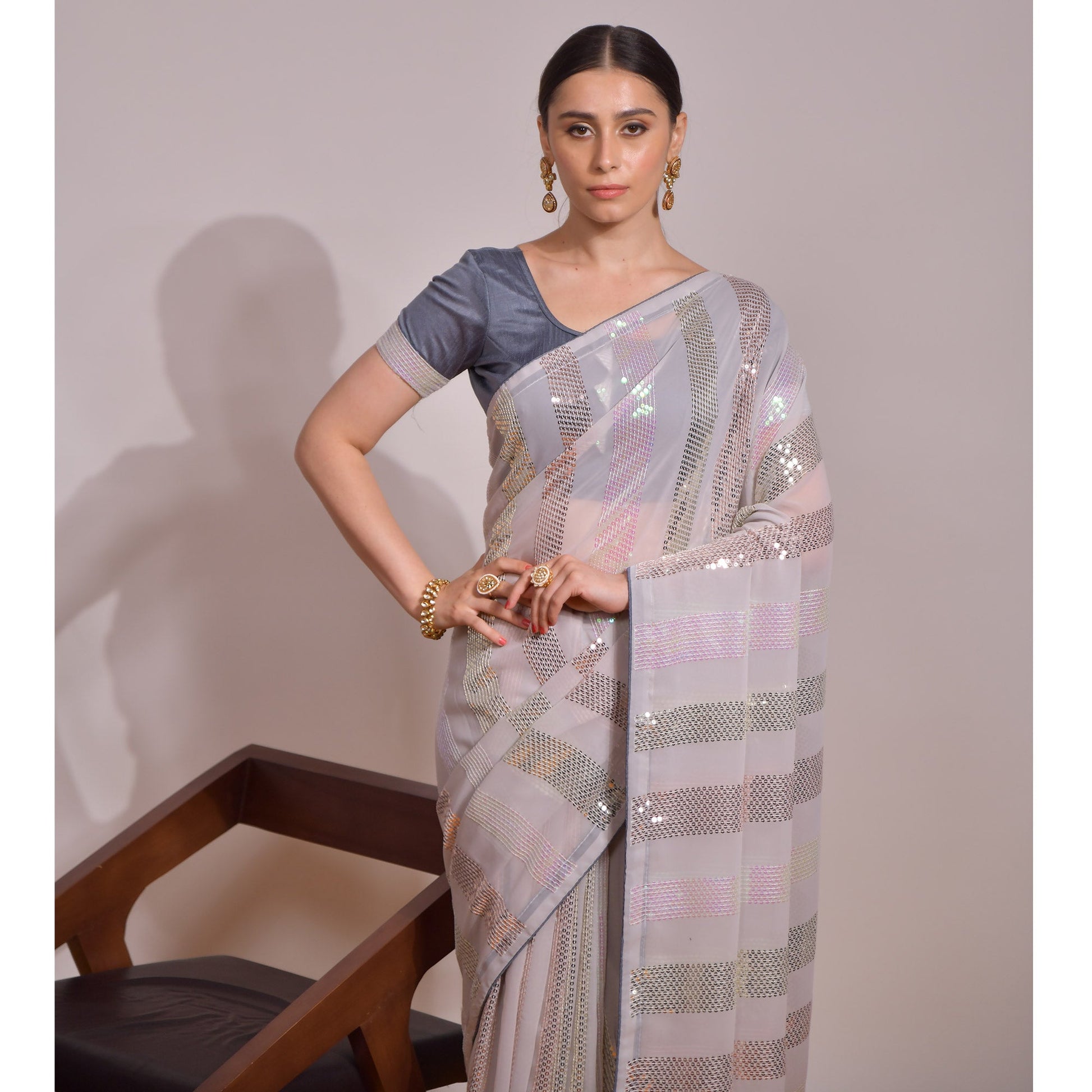 Grey Sequins Embroidered Georgette Saree