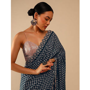 Grey Printed With Embroidered Border Chinon Saree
