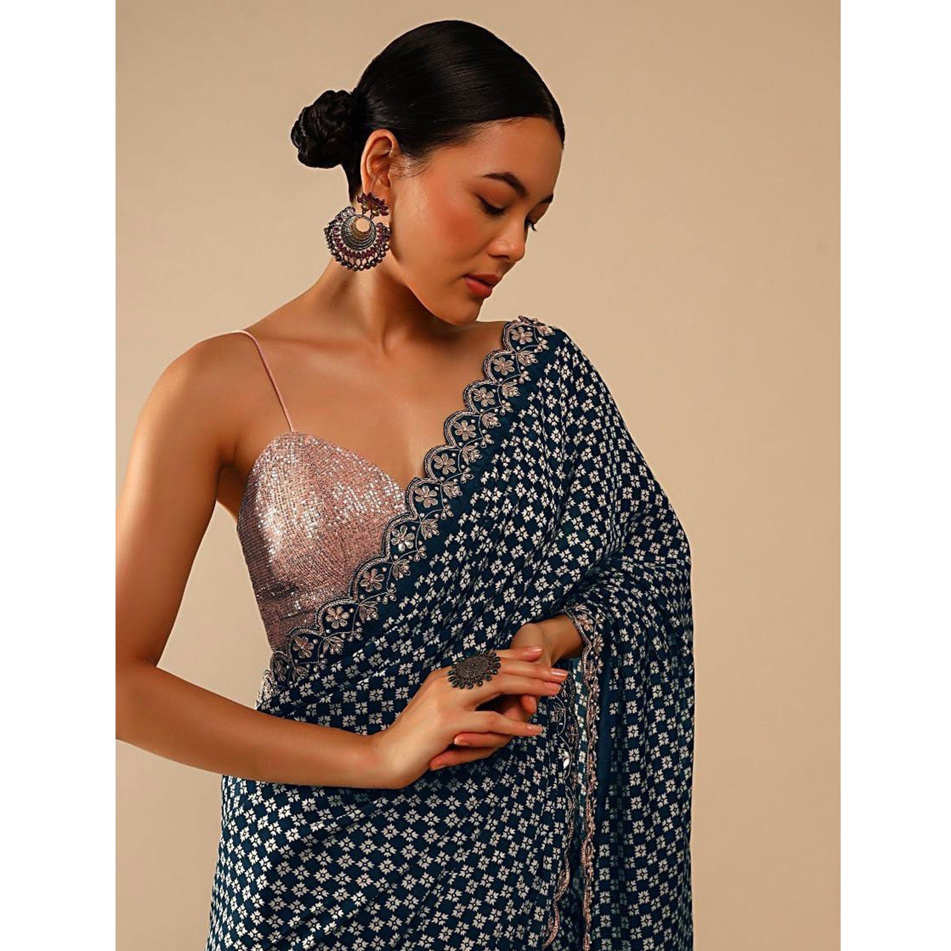 Grey Printed With Embroidered Border Chinon Saree