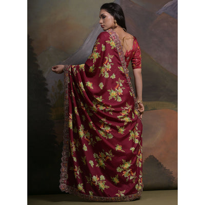 Maroon Floral Printed Chinon Saree With Embroidered Border