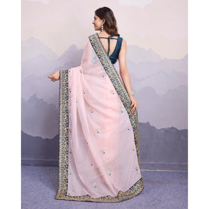 Light Peach Floral Sequins Embroidered Organza Saree With Lace Border