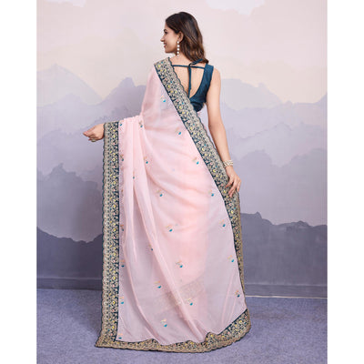 Light Peach Floral Sequins Embroidered Organza Saree With Lace Border