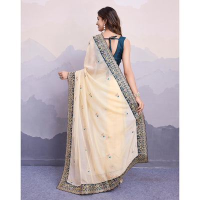 Cream Floral Sequins Embroidered Organza Saree With Lace Border