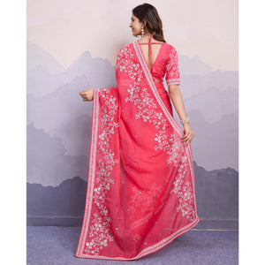 Gajari Pink Floral Sequins Embroidered Organza Saree With Lace Border