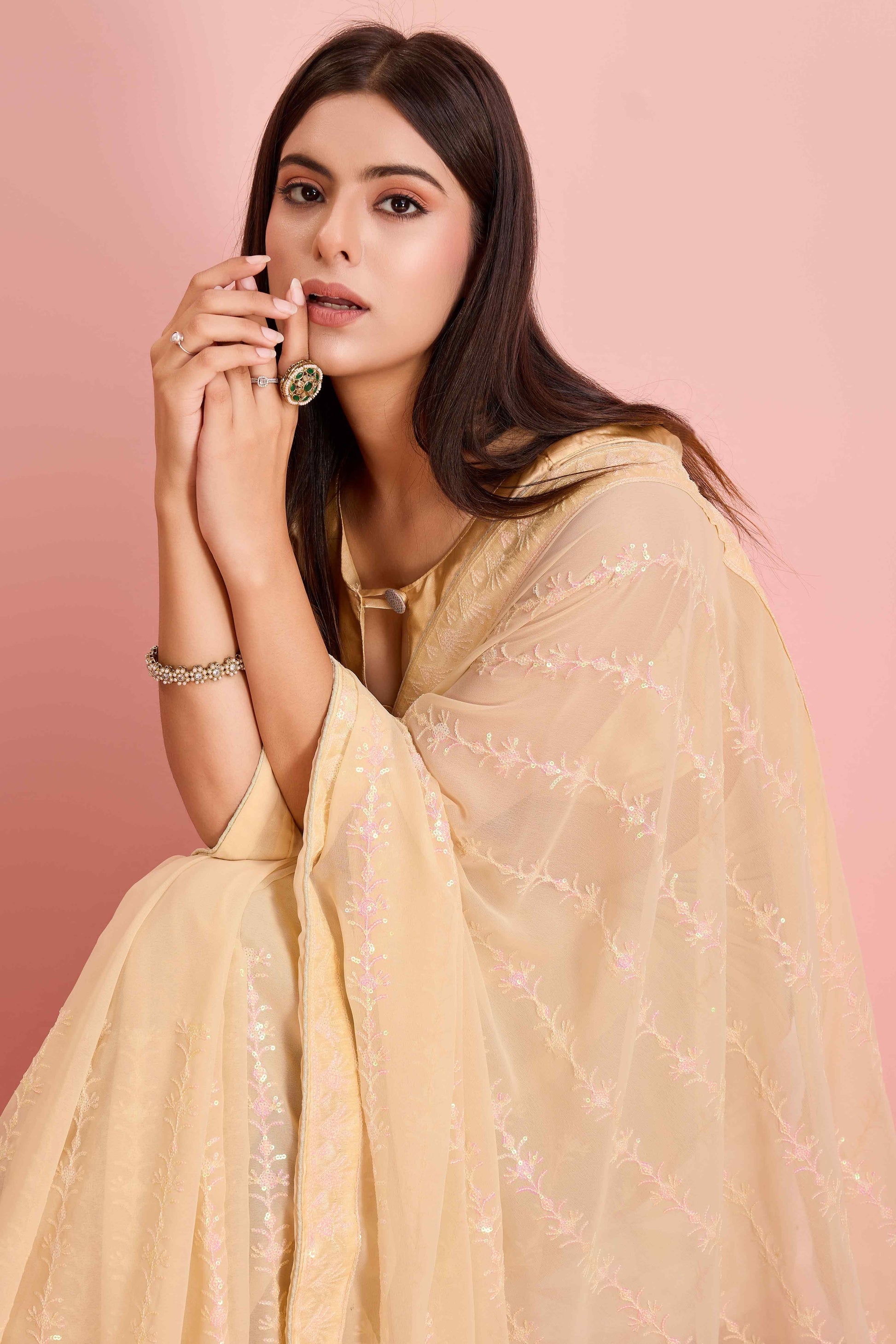 Cream Floral Sequins Embroidered Georgette Saree