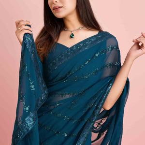 Morpich Floral Sequins Embroidered Georgette Saree
