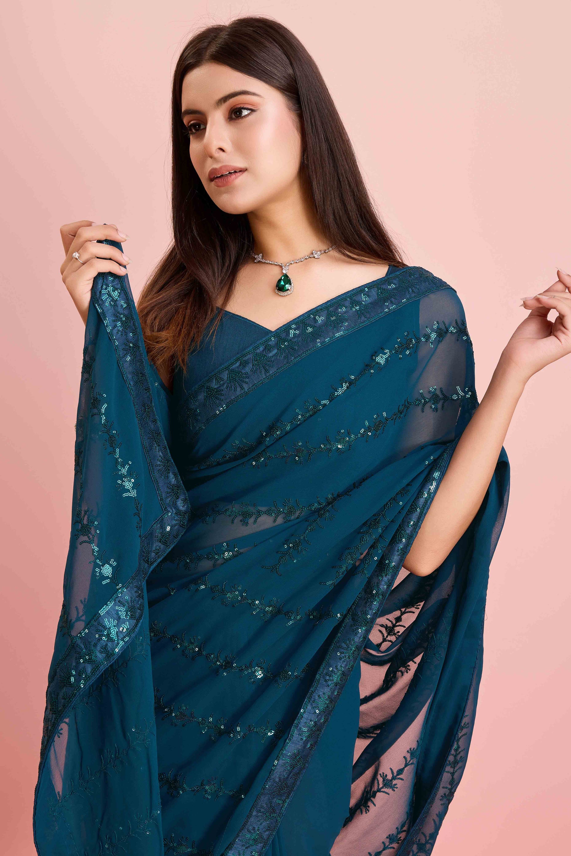 Morpich Floral Sequins Embroidered Georgette Saree