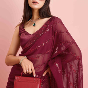 Maroon Floral Sequins Embroidered Georgette Saree