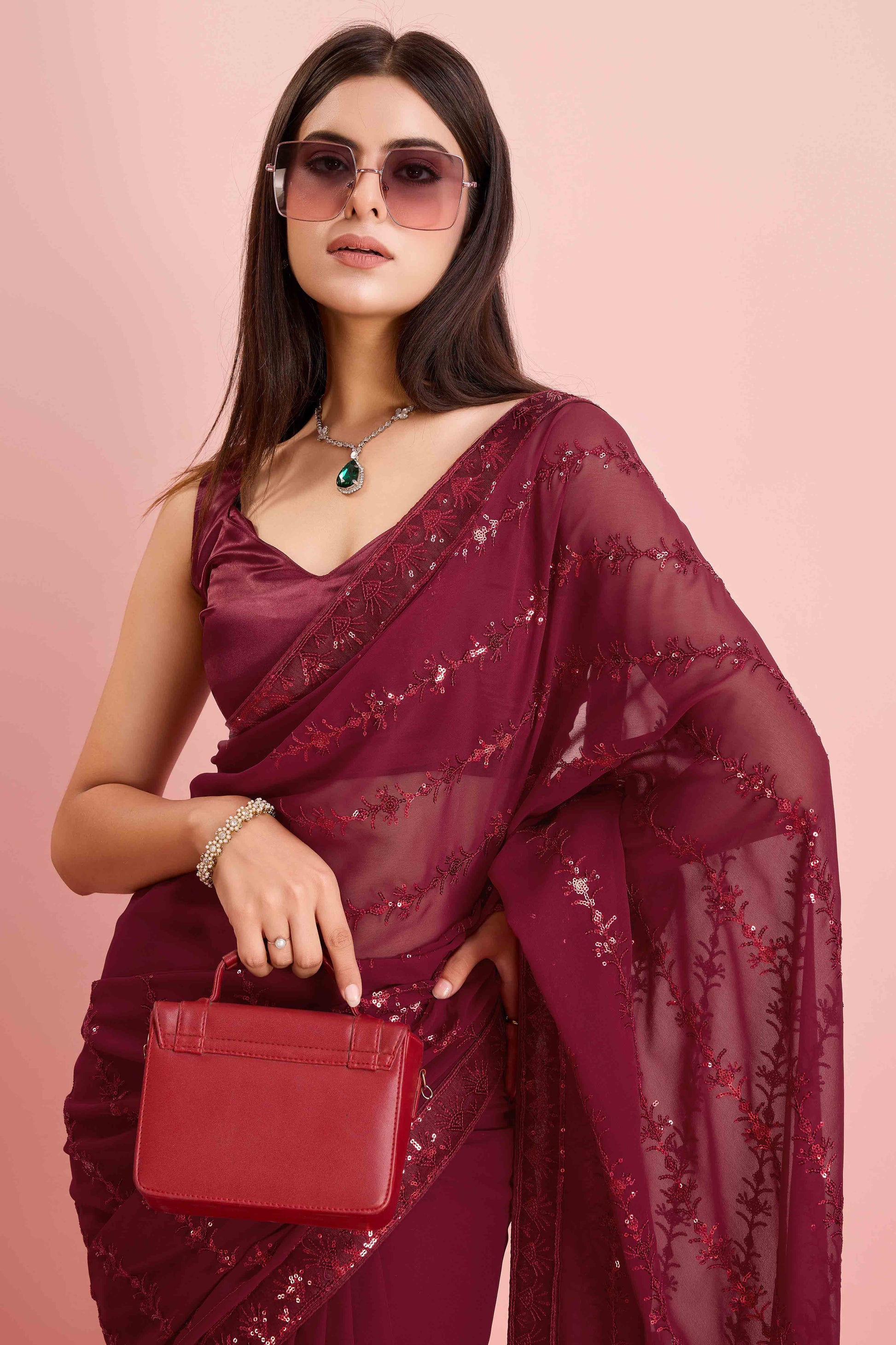 Maroon Floral Sequins Embroidered Georgette Saree