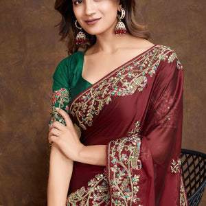 Maroon Floral Sequins Embroidered Vichitra Rangoli Silk Saree