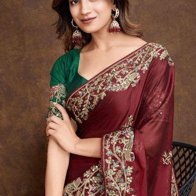 Maroon Floral Sequins Embroidered Vichitra Rangoli Silk Saree