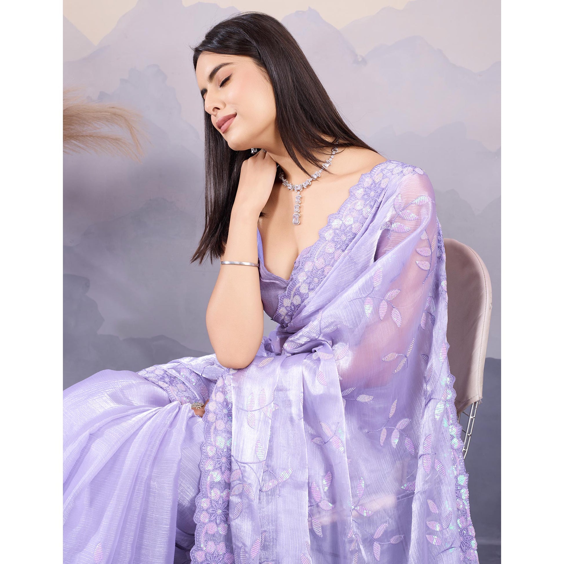Lavender Sequins Embroidered Art Silk Saree