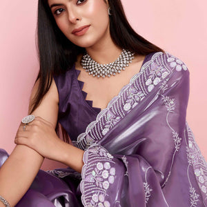 Lavender Floral Sequins Embroidered Jimmy Choo Tissue Saree