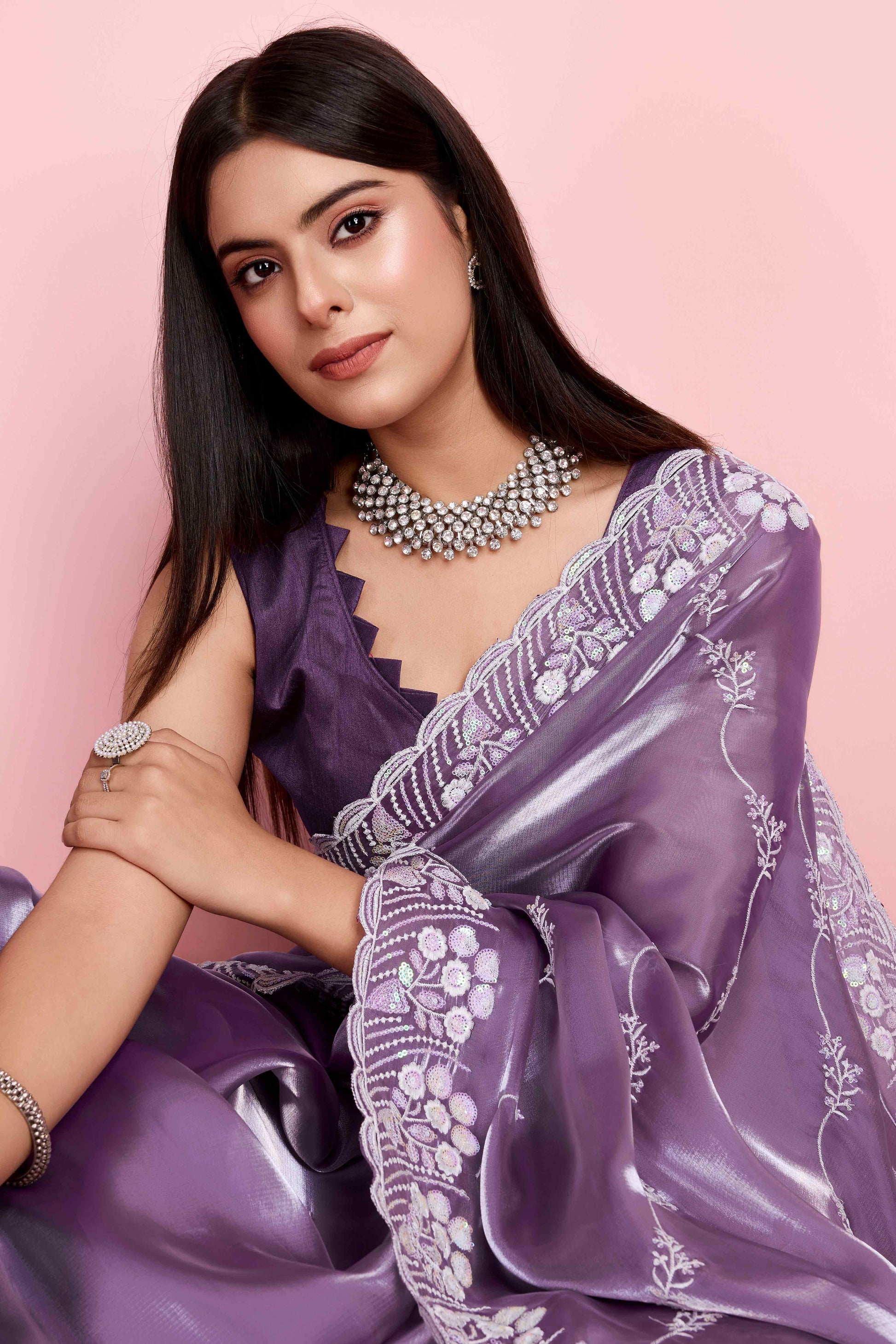 Lavender Floral Sequins Embroidered Jimmy Choo Tissue Saree