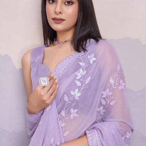 Light Purple Floral Sequins Embroidered Chiffon Saree