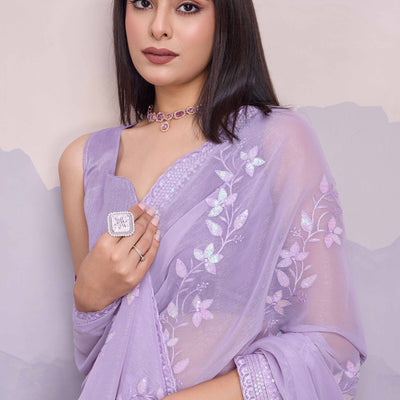 Light Purple Floral Sequins Embroidered Chiffon Saree