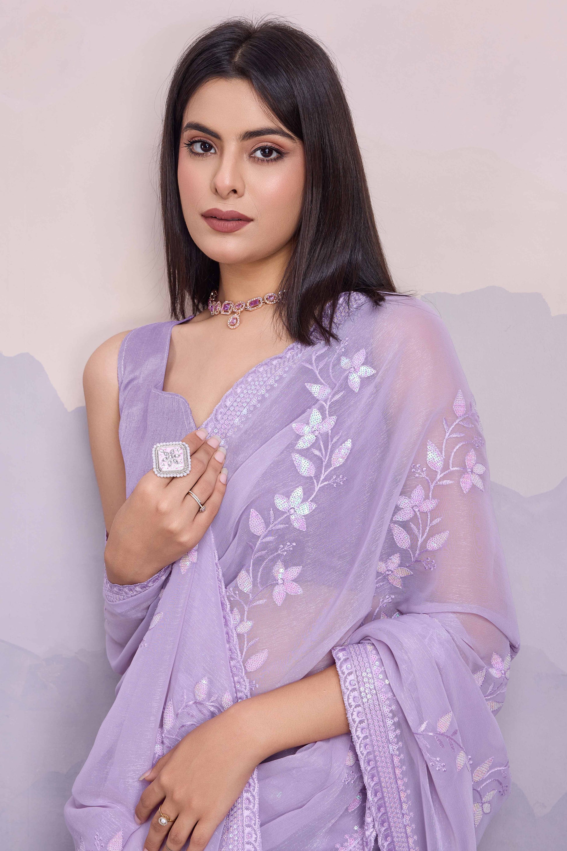 Light Purple Floral Sequins Embroidered Chiffon Saree