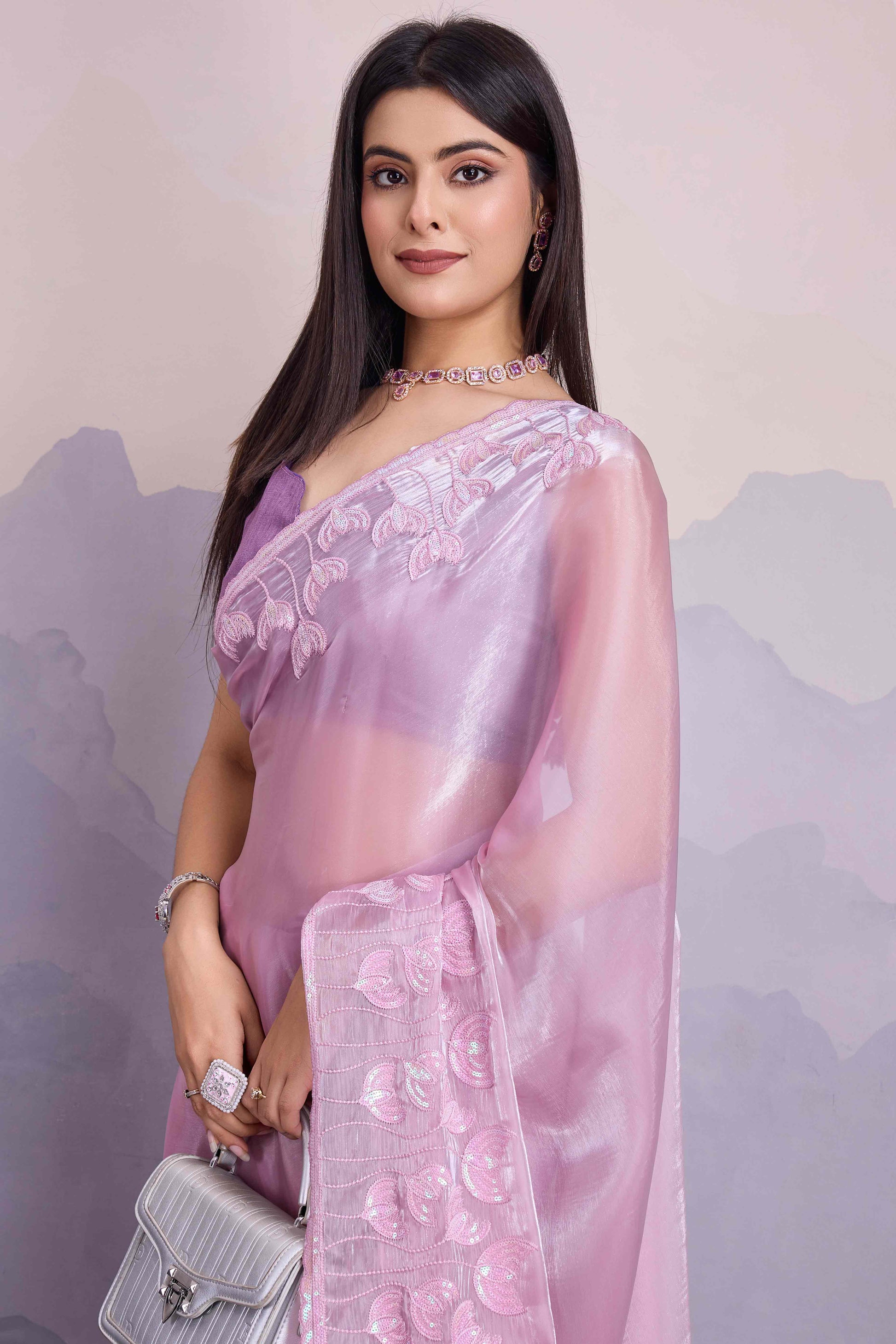 Light Purple Floral Sequins Embroidered Jimmi Choo Zoya Silk Saree