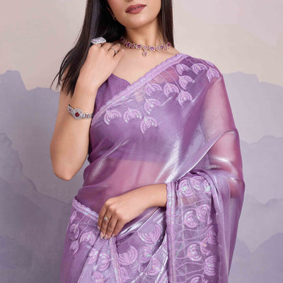 Lavender Floral Sequins Embroidered Jimmi Choo Zoya Silk Saree