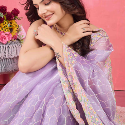 Lavender Floral Sequins Embroidered Mulberry Silk Saree