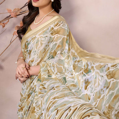 Dark Mustard Floral Printed Moss Art Silk Saree