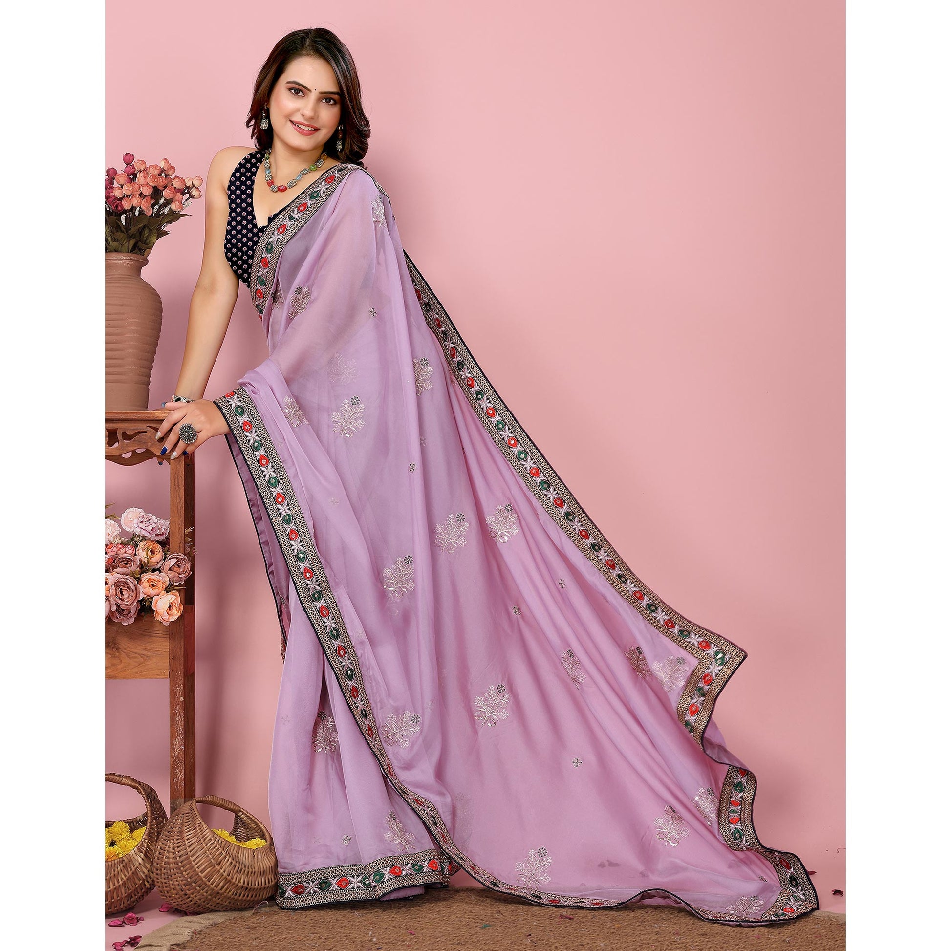 Lavender Floral Sequins Embroidered Organza Saree