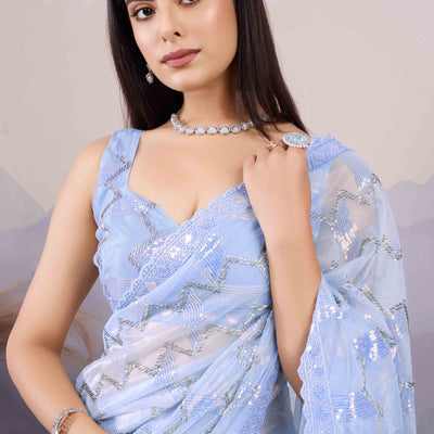 Blue Sequins Embroidered Twill Net Saree