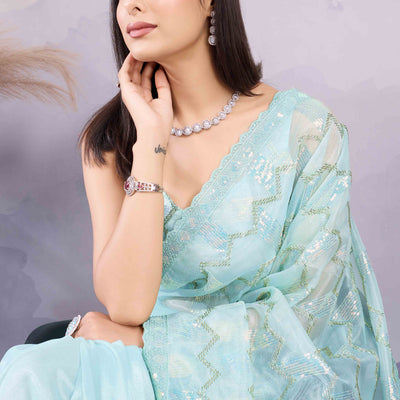 Light Turquoise Sequins Embroidered Twill Net Saree