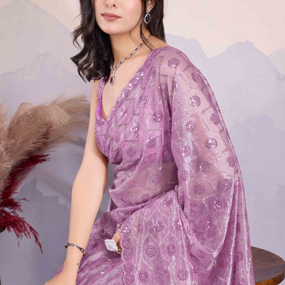 Mauve Sequins Embroidered Twill Net Saree