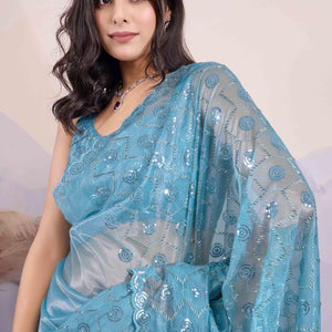 Blue Sequins Embroidered Twill Net Saree