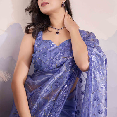 Light Slate Blue Sequins Embroidered Twill Net Saree