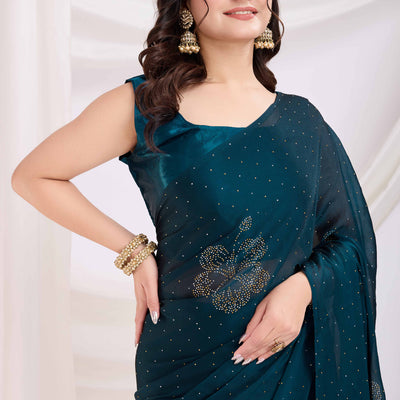 Morpich Blue Floral Swarovski Work Rangoli Art Silk Ready To Wear Saree