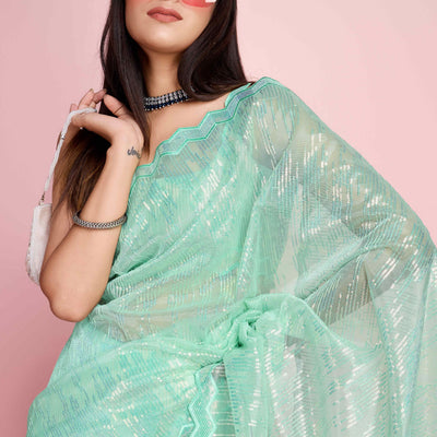 Foam Sea Green Sequins Embroidered Silver Twill Net Saree