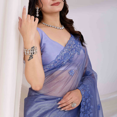 Lavender Floral Sequins Embroidered Twill Net Saree