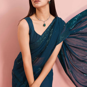 Morpich Blue Sequins Embroidered Georgette Saree