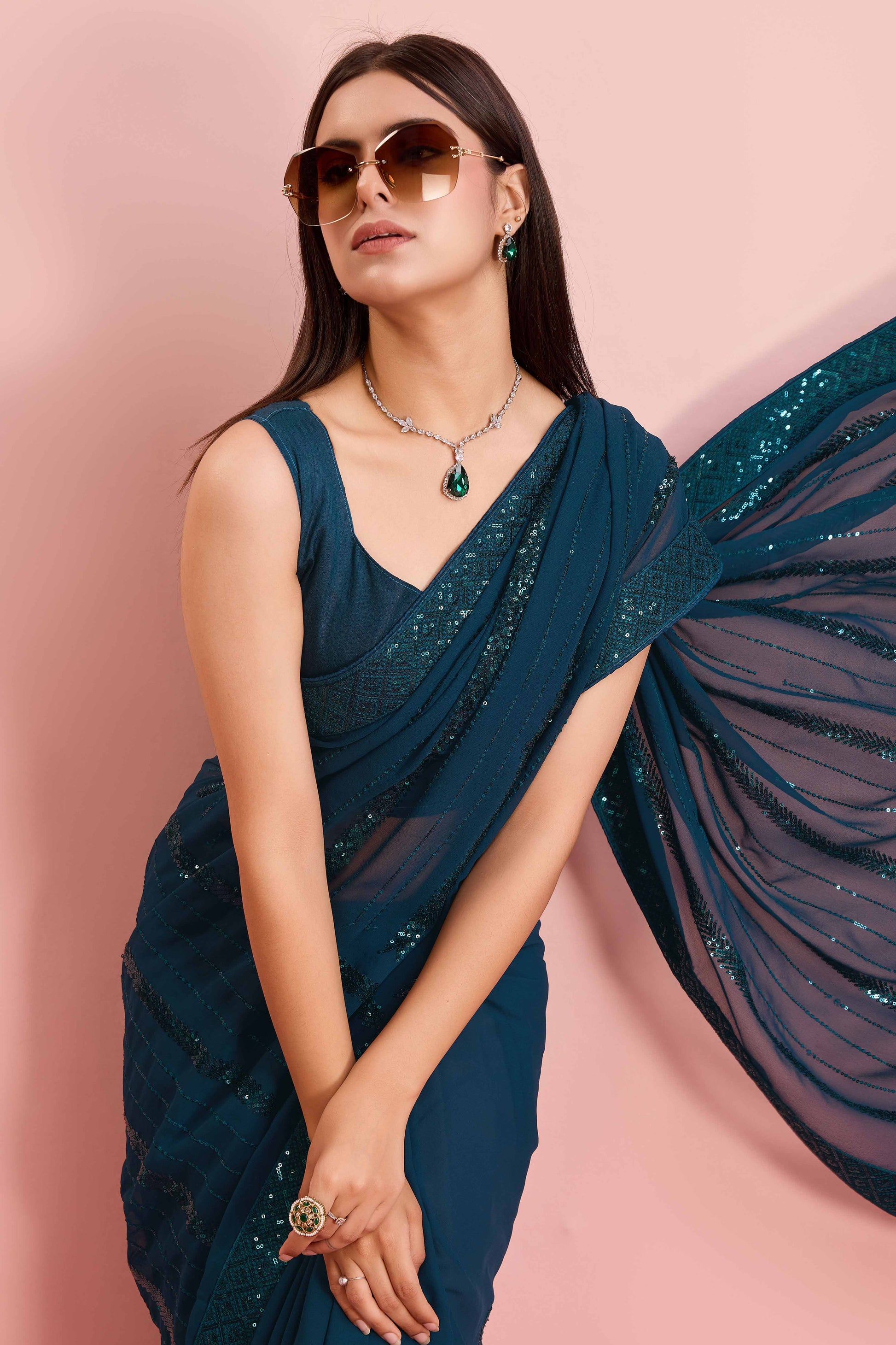 Morpich Blue Sequins Embroidered Georgette Saree