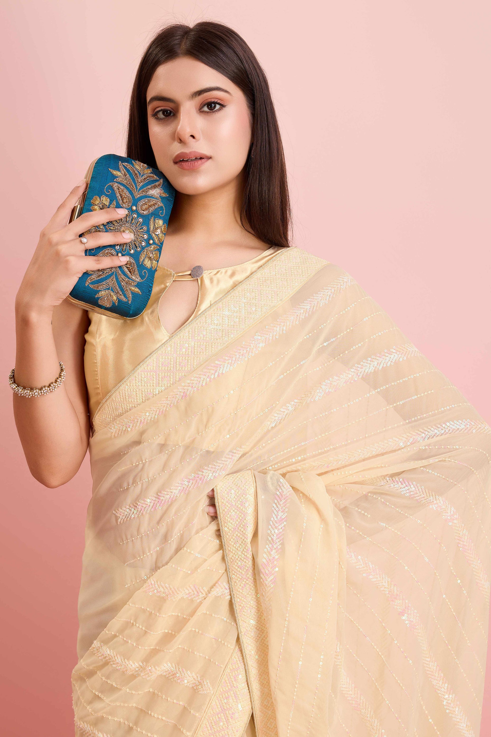 Cream Sequins Embroidered Georgette Saree