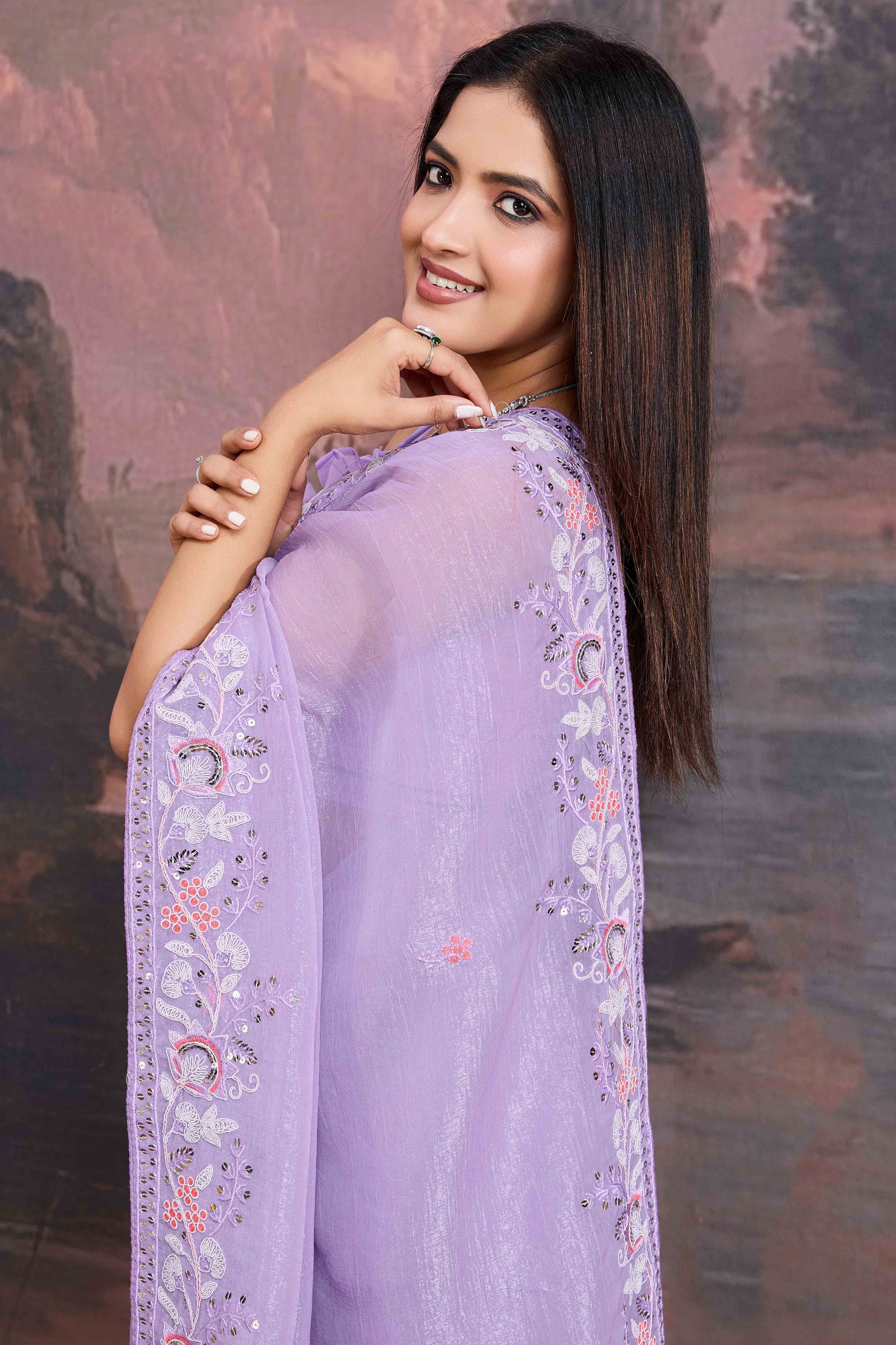 Lavender Floral Sequins Embroidered Organza Saree