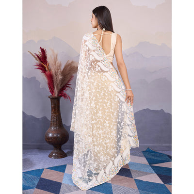 Cream Floral Thread Embroidered Net Saree