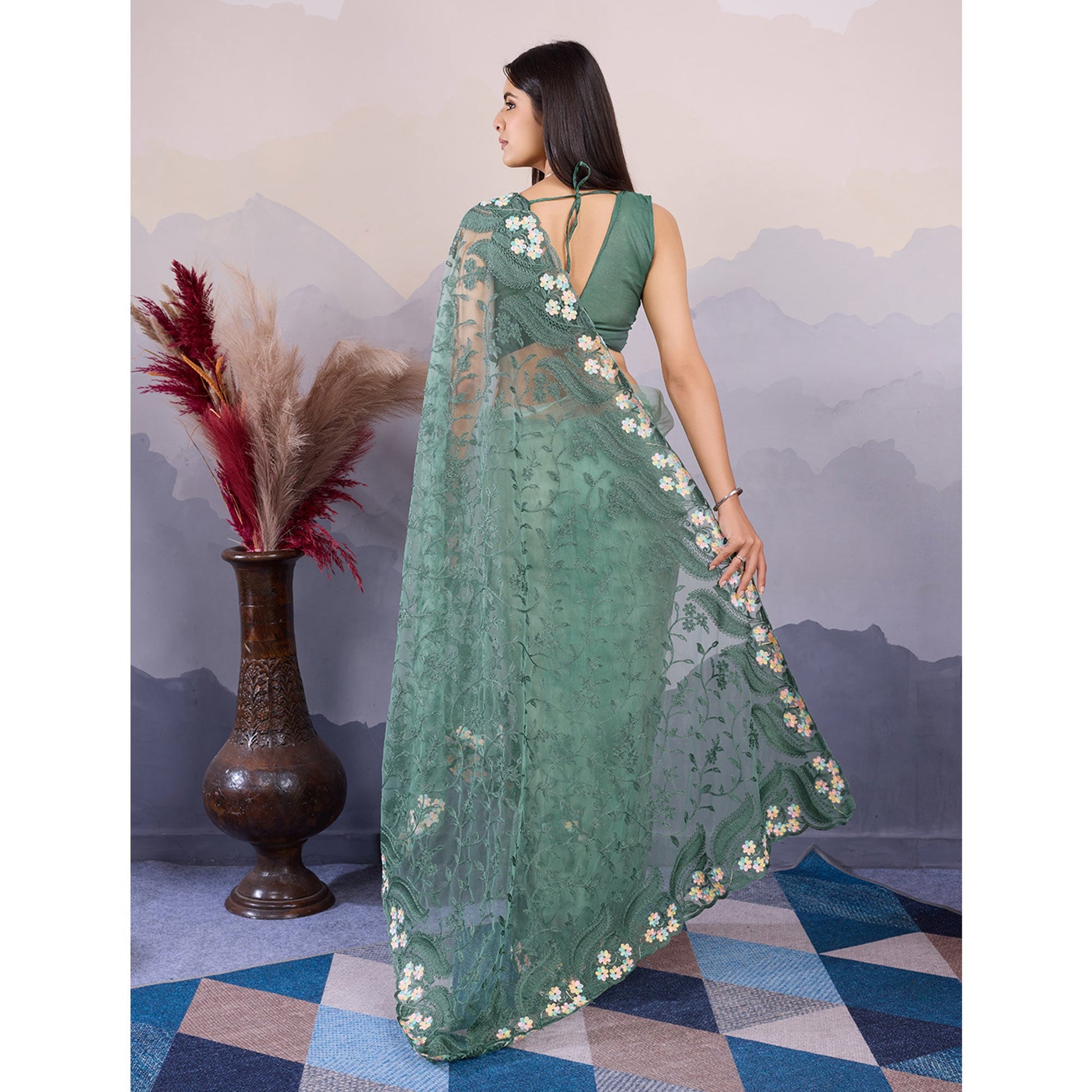 green-floral-thread-embroidered-net-saree