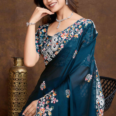 Morpich Blue Floral Sequins Embroidered Vichitra Rangoli Silk Saree