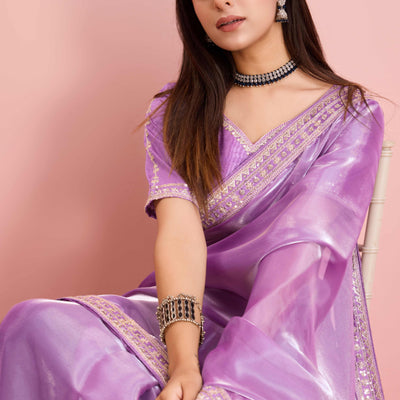 Lavender Solid With Floral Sequins Embroidered Jimmy Choo Tissue Saree