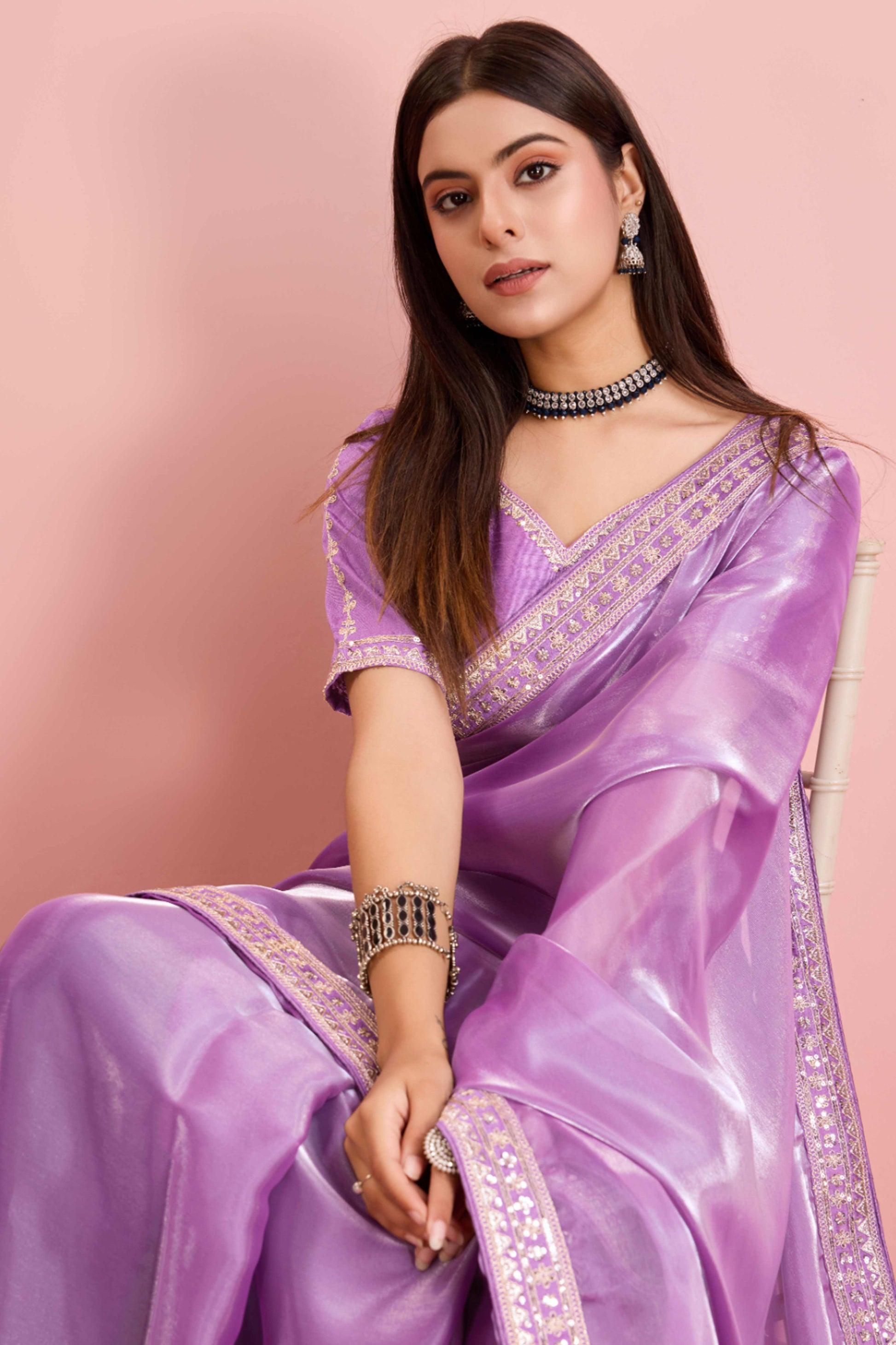 Lavender Solid With Floral Sequins Embroidered Jimmy Choo Tissue Saree