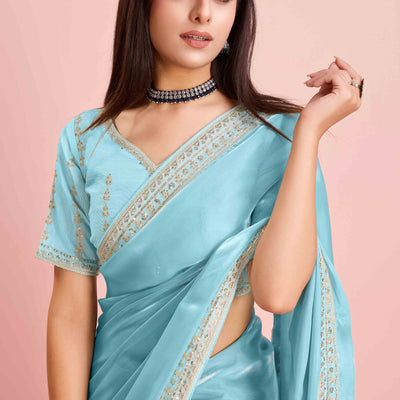 Blue Solid With Floral Sequins Embroidered Jimmy Choo Tissue Saree
