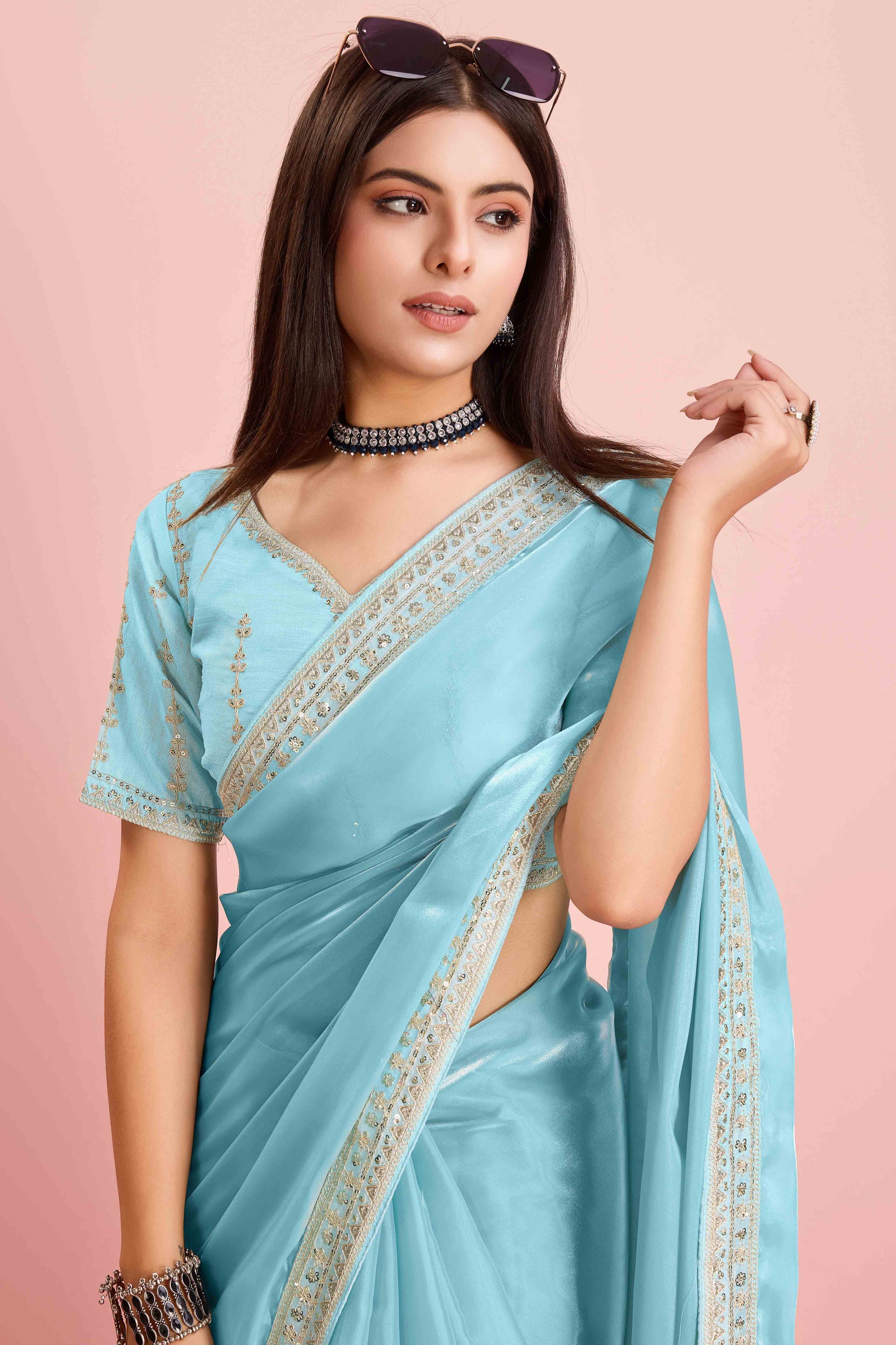 Blue Solid With Floral Sequins Embroidered Jimmy Choo Tissue Saree