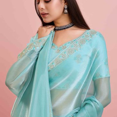 Blue Solid With Sequins Embroidery Border Mulberry Silk Saree