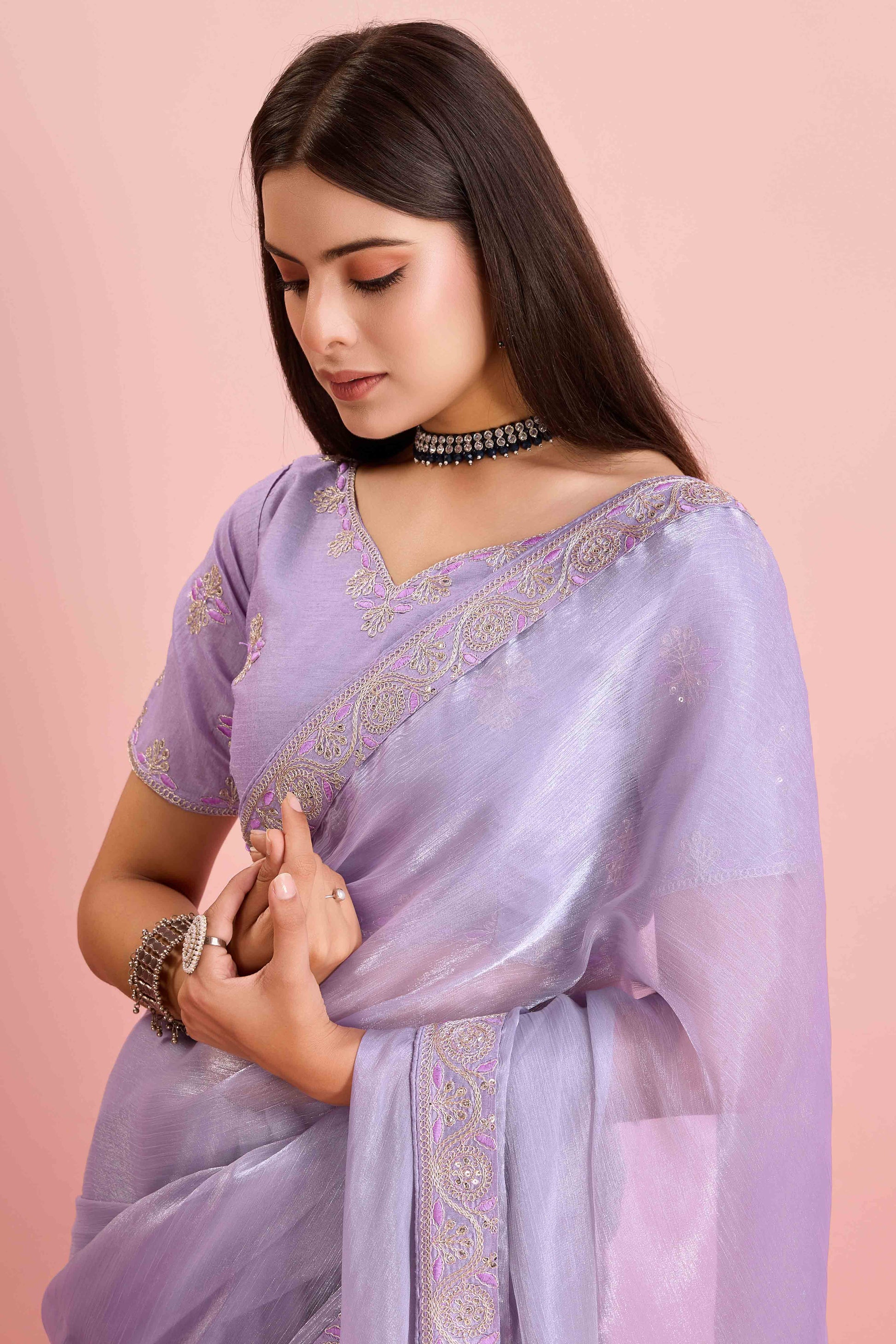Lavender Solid With Sequins Embroidery Border Mulberry Silk Saree